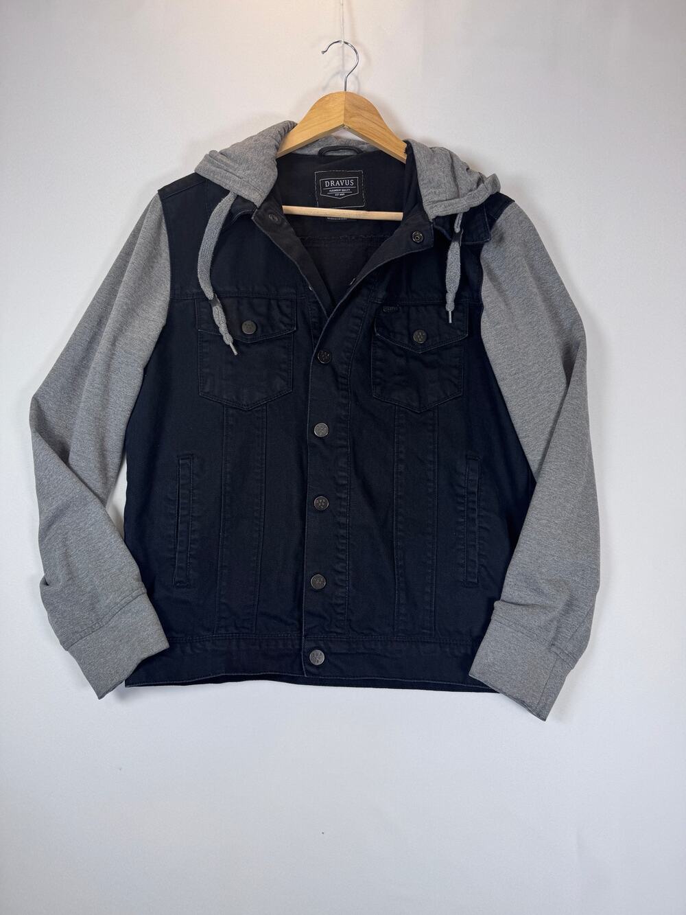 Dravus Hooded Denim Black Jean Trucker Jacket Mens Small Grunge Y2K